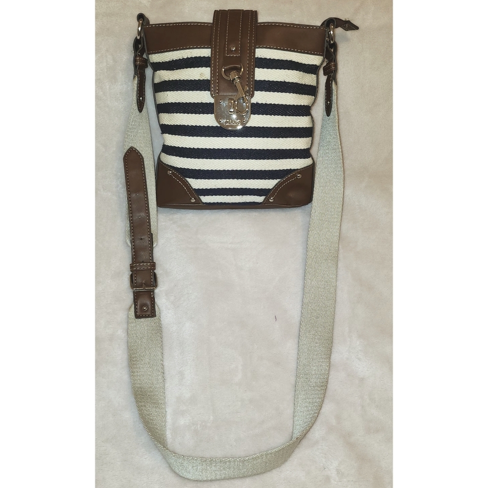 Chaps Crossbody Bag Navy & Cream Stripes W/ Brown Vegan Leather Trim - Picture 2 of 15